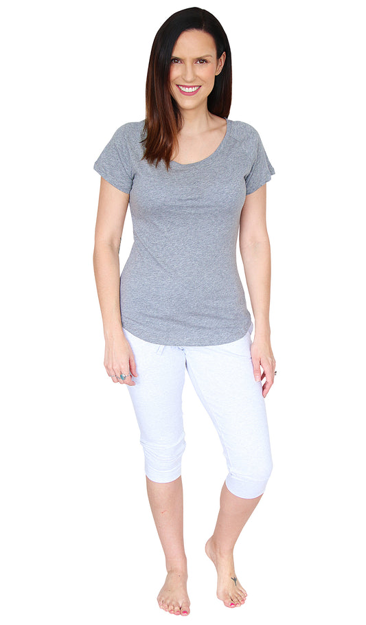 Bluebell and Lily Hahei Capri Pants in White Marl coloured Cotton Elastine with Elasticated Waistband and Drawstring