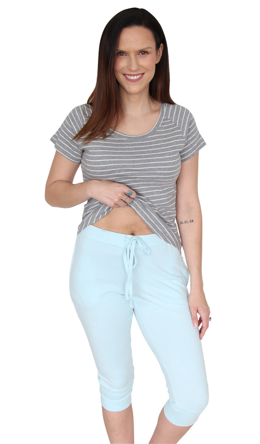 Bluebell and Lily Hahei Capri Pants in Seafoam coloured Cotton Elastine with Elasticated Waistband and Drawstring