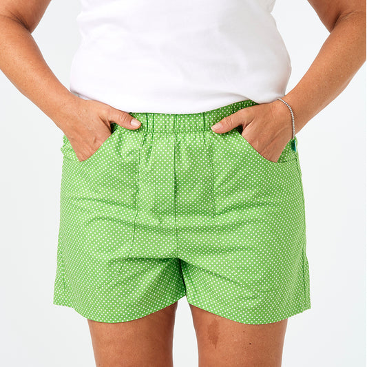Moeraki Shorties - Green with White Polka Dots