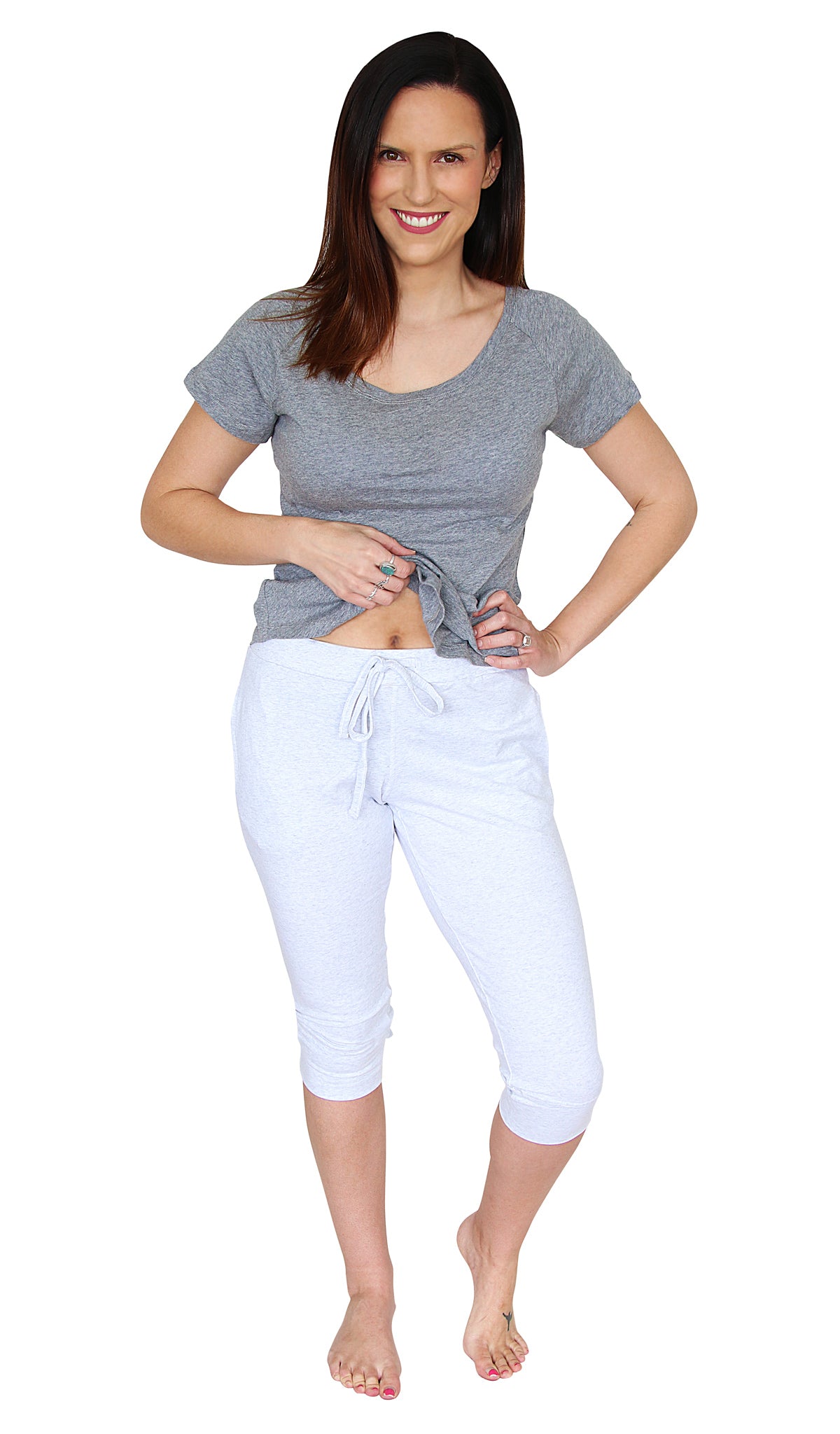 Bluebell and Lily Hahei Capri Pants in White Marl coloured Cotton Elastine with Elasticated Waistband and Drawstring