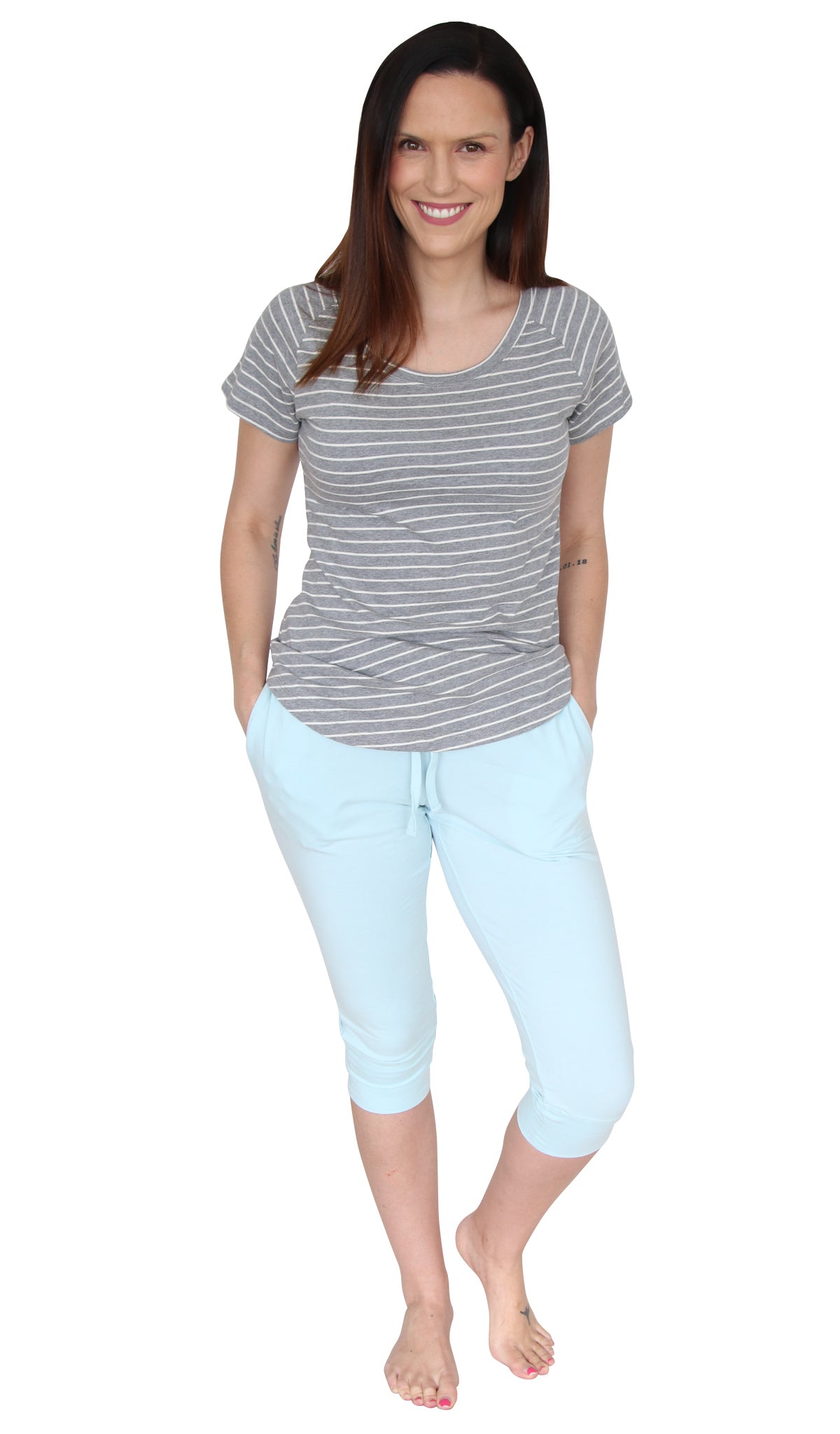 Bluebell and Lily Hahei Capri Pants in Seafoam coloured Cotton Elastine with Elasticated Waistband and Drawstring