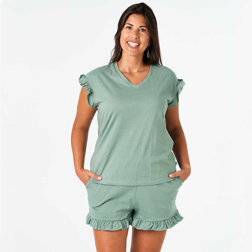 Bluebell and Lily Matapouri Frilled Pyjama Set Sage